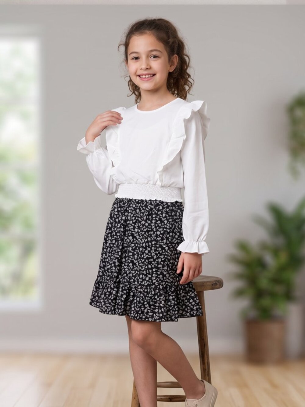 NWT | Girls' 2-Piece Ruffle Blouse & Floral Skirt Set | Whimsical Flutter Detail
